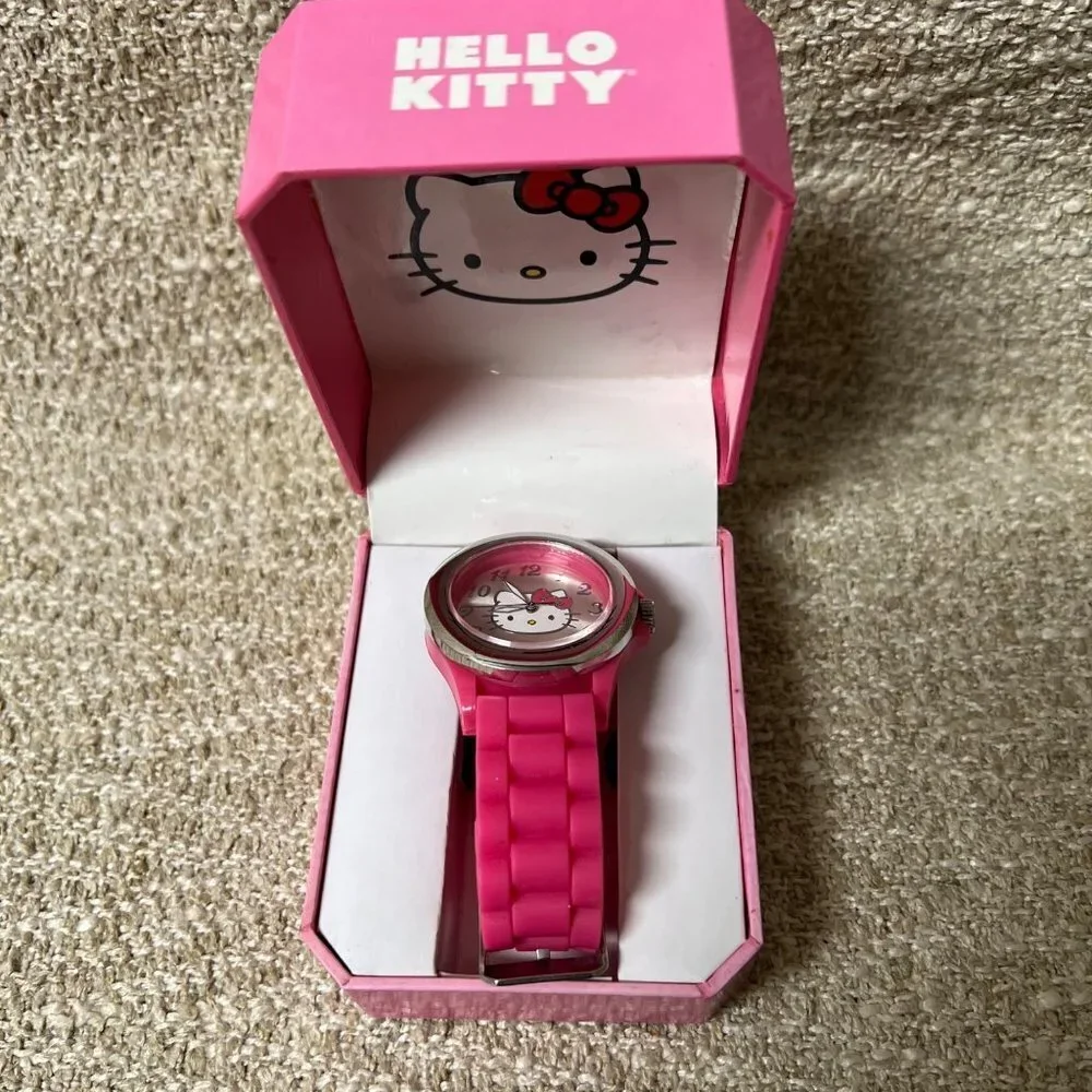 Hello Kitty Sanrio Watch Silver Bezel Pink Rubber Band